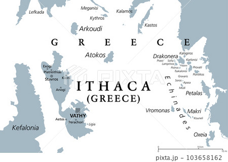 Ithaca, island and regional unit in Greece, gray political map. Part of the Ionian Islands. Ithaca, Arkoudi, Atokos, and the Echinades islands Drakonera, Vromonas, Makri, Oxeia, Kalogiros and Kouneli. Ithaca, island and regional unit in Greece, gray political map. Part of the Ionian Islands. Ithaca, Arkoudi, Atokos, and the Echinades islands Drakonera, Vromonas, Makri, Oxeia, Kalogiros and Kouneli. 103658162