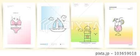 Modern Minimal Summer Design. Gradient Backgrounds with Vacation and Summer Beach Elements - boat, beacon, swimsuit and party cocktails.  Frame pattern for posters, covers, flyer, presentation,  103659018