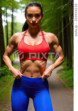 Young beautiful sporty athletic girl in short red sports top standing in green forest during summer season. Generative AI 103659239