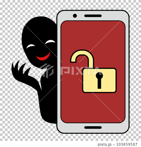 智能手機屏幕上解鎖的鑰匙圖標和反派圖像的插圖素材 103659587