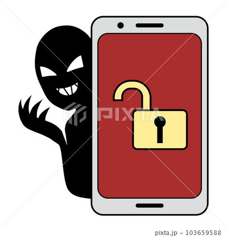 スマホ画面に解除された鍵のアイコンと悪人イメージの人物のイラストの素材 スマホ画面に解除された鍵のアイコンと悪人イメージの人物のイラストの素材 103659588