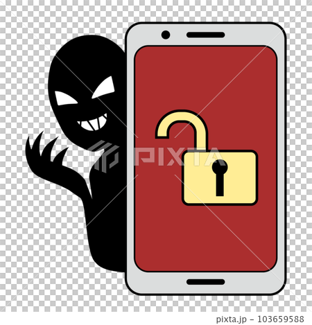 スマホ画面に解除された鍵のアイコンと悪人イメージの人物のイラストの素材 スマホ画面に解除された鍵のアイコンと悪人イメージの人物のイラストの素材 103659588