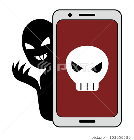 スマホ画面にドクロマークと悪人イメージの人物のイラストの素材 スマホ画面にドクロマークと悪人イメージの人物のイラストの素材 103659589
