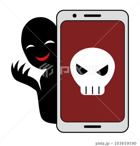 スマホ画面にドクロマークと悪人イメージの人物のイラストの素材 スマホ画面にドクロマークと悪人イメージの人物のイラストの素材 103659590