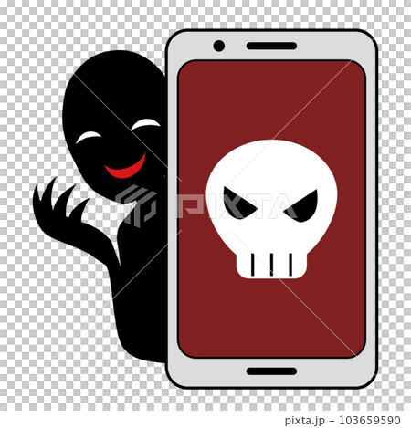 スマホ画面にドクロマークと悪人イメージの人物のイラストの素材 スマホ画面にドクロマークと悪人イメージの人物のイラストの素材 103659590