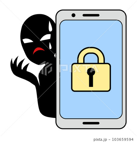 セキュリティに守られるスマホと悪人イメージの人物のイラストの素材 103659594