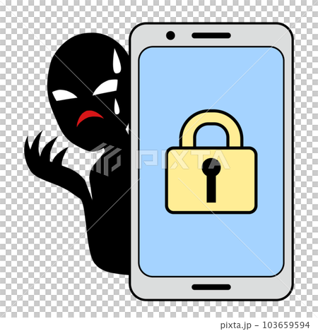 セキュリティに守られるスマホと悪人イメージの人物のイラストの素材 103659594