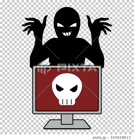 Illustration material of a person with a skull mark and a villain image on a computer screen Illustration material of a person with a skull mark and a villain image on a computer screen 103659613