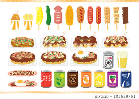 お祭のイラスト素材セット、屋台の食べ物と飲み物 103659761