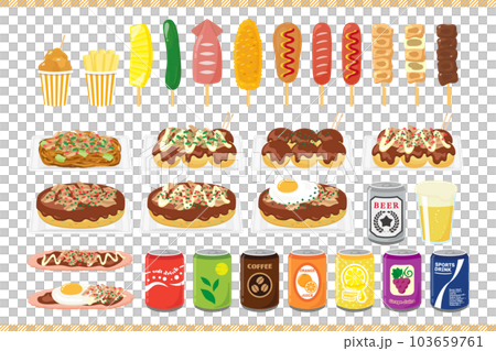 お祭のイラスト素材セット、屋台の食べ物と飲み物 103659761