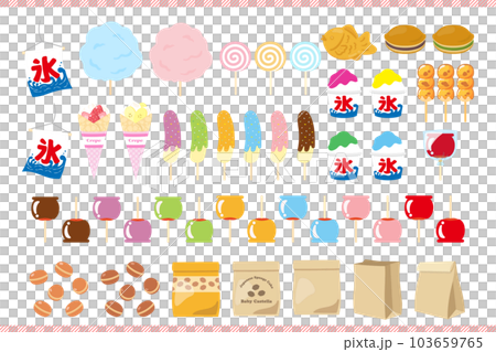 お祭のイラスト素材セット、屋台の食べ物、お菓子やデザート、甘い物 103659765