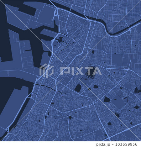 Detailed map poster of Sakai city, linear print map. Blue skyline urban panorama. Decorative graphic tourist map of Sakai territory. 103659956