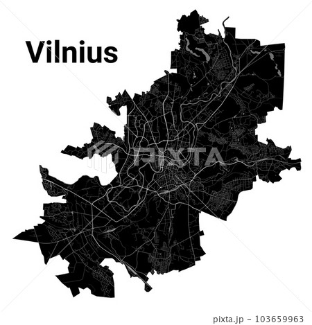 Vilnius city map, detailed administrative borders municipal black and white map, Lithuania. River Neris and Vilnia, roads and railway. Vilnius city map, detailed administrative borders municipal black and white map, Lithuania. River Neris and Vilnia, roads and railway. 103659963