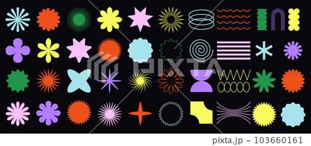 Big vector set of brutalist geometric shapes. Trendy abstract minimalist figures, stars, flowes, circles. Modern abstract graphic design elements.Vector illustration 103660161
