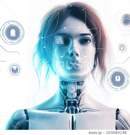 female mannequin face, about, graphical abstract, white background, a sci fi cyborg  103660186