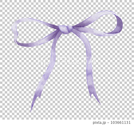 Watercolor purple Ribbon with Bow. Hand drawn illustration of satin or silk knot on white isolated background for gift or present. Drawing of ornate textile violet tape for anniversary celebration. 103661131