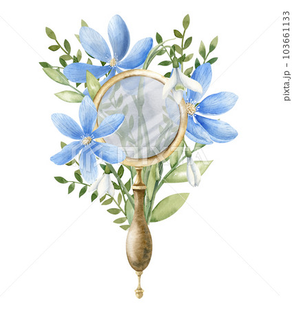 Glass Magnifier with blue Flowers and forest plants. Hand drawn watercolor illustration of vintage wanderlust equipment on white isolated background. Drawing of loupe for travel and exploration. 103661133