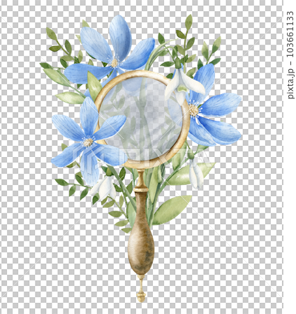 Glass Magnifier with blue Flowers and forest plants. Hand drawn watercolor illustration of vintage wanderlust equipment on white isolated background. Drawing of loupe for travel and exploration. 103661133