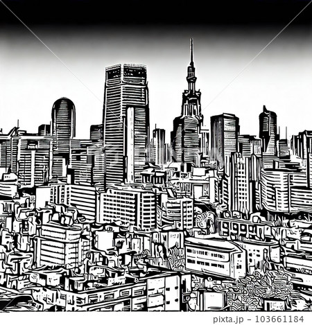 urban city skyline,thick black lines style cooloring , black and white COPY SPACE  103661184
