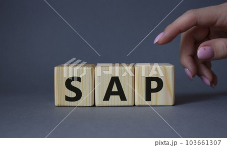 SAP - Systems Applications Products. Wooden cubes with word SAP . Businessman hand. Beautiful grey background. Business and System Application Product concept. Copy space. 103661307