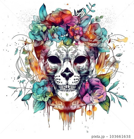 Image of a lion female head with colorful tropical flowers. wildlife. Animal. illustration, Generative AI. 103661638