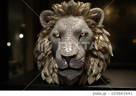 A lion's face jewelry set with diamonds on a dark background. Wildlife animals. Illustration. Generative AI. 103661641