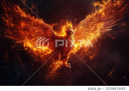 Image of the phoenix is flying burning with fire. Birds. Mythical creatures. Illustration. Generative AI. 103661642