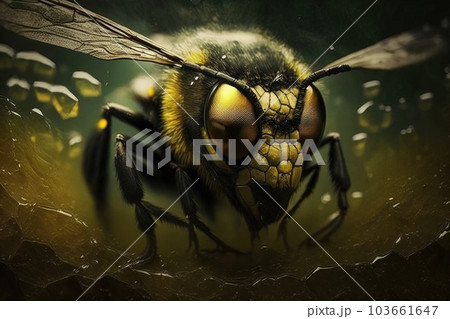 Image of black yellow wasp. Insect. Illustration, generative AI. 103661647