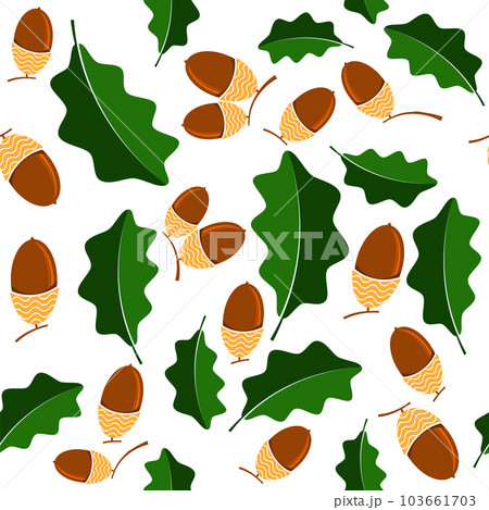 Vector Ripe Acorn Icon Isolated on White Background. Autumn Oak Leaves Seamless Pattern Vector Ripe Acorn Icon Isolated on White Background. Autumn Oak Leaves Seamless Pattern 103661703
