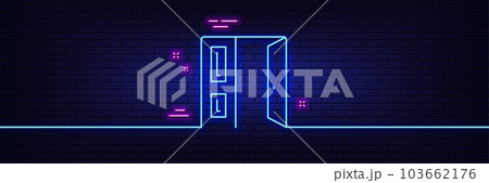 Neon light glow effect. Open door line icon. Entrance doorway sign. Building exit symbol. 3d line neon glow icon. Brick wall banner. Open door outline. Vector 103662176