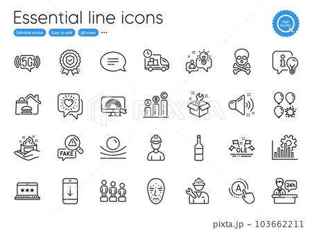 Graph chart, Chat and Fake news line icons. Collection of Insurance medal, Laptop password, Balloon dart icons. Repairman, Ab testing, Skin care web elements. Wine, Elastic material, Spanner. Vector 103662211