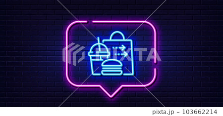 Neon light speech bubble. Food delivery line icon. Cheeseburger with Soft drink sign. Catering service symbol. Neon light background. Food delivery glow line. Brick wall banner. Vector 103662214