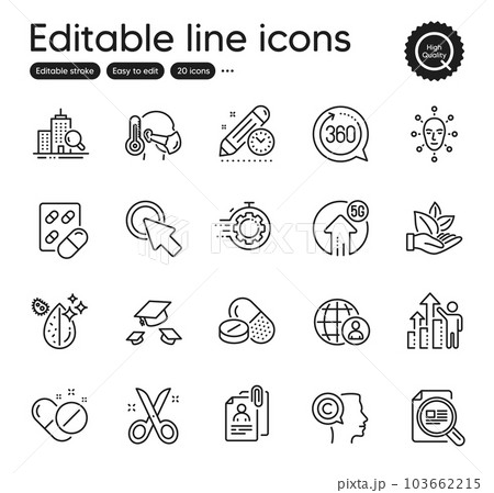 Set of Science outline icons. Contains icons as Scissors, Inspect and Throw hats elements. Medical pills, Click here, Seo timer web signs. International recruitment, 360 degrees. Vector 103662215