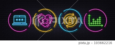 Laptop password, Ranking star and Refresh bitcoin minimal line icons. Neon laser 3d lights. Dot plot icons. For web, application, printing. Computer access, Love rank, Update cryptocurrency. Vector 103662216