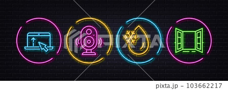 Swipe up, Freezing water and Speaker minimal line icons. Neon laser 3d lights. Open door icons. For web, application, printing. Scroll screen, Freeze temperature, Music sound. Entrance. Vector 103662217