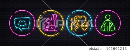 Floor lamp, Smile chat and Hold heart minimal line icons. Neon laser 3d lights. Buyer icons. For web, application, printing. Electric light, Happy face, Care love. Shopping customer. Vector 103662218