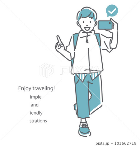 スマホを片手に一人旅をする若い男性　シンプルでお洒落な線画イラスト 103662719