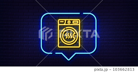Neon light speech bubble. Dryer machine line icon. Laundry service sign. Dry clothing symbol. Neon light background. Dryer machine glow line. Brick wall banner. Vector Neon light speech bubble. Dryer machine line icon. Laundry service sign. Dry clothing symbol. Neon light background. Dryer machine glow line. Brick wall banner. Vector 103662813