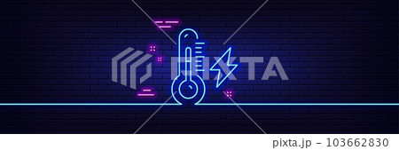 Neon light glow effect. Electricity power line icon. Lightning bolt with thermometer sign. Electric energy symbol. 3d line neon glow icon. Brick wall banner. Electricity power outline. Vector 103662830