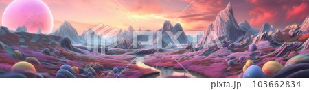 A digital painting of a mountain landscape with a river running through it. Generative AI image. 103662834