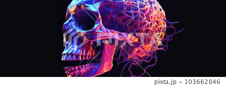 A neon skull is shown against a black background. Generative AI image. 103662846