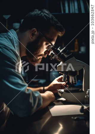 A man looking through a microscope at something. Generative AI image. A man looking through a microscope at something. Generative AI image. 103662847