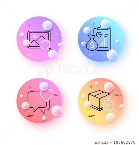 Heart, Search photo and Delivery timer minimal line icons. 3d spheres or balls buttons. Report icons. For web, application, printing. Love chat, Find image, Express logistics. Survey clipboard. Vector Heart, Search photo and Delivery timer minimal line icons. 3d spheres or balls buttons. Report icons. For web, application, printing. Love chat, Find image, Express logistics. Survey clipboard. Vector 103662870
