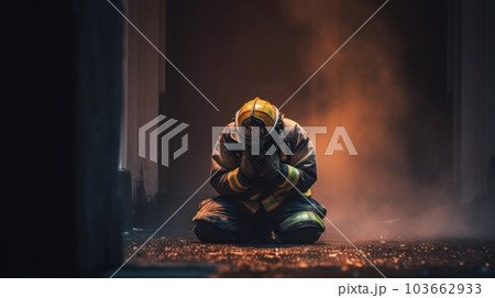 A firefighter kneeling on the ground in front of a fire. Generative AI image. 103662933