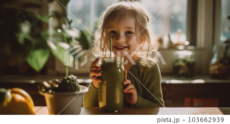 A little girl holding a glass of green smoothie. Generative AI image. 103662939