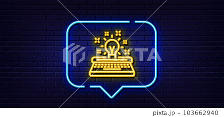 Neon light speech bubble. Typewriter line icon. Creativity sign. Inspiration light bulb symbol. Neon light background. Typewriter glow line. Brick wall banner. Vector 103662940