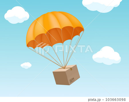 Cardboard box on a parachute flies in the sky 103663098