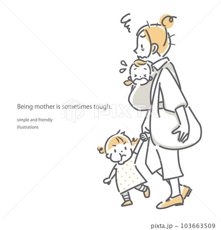 ふたりの子供を連れて外出する疲労困憊の若いお母さん シンプルでお洒落な線画イラストのイラスト素材 [103663509] - PIXTA