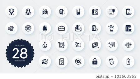 Set of Technology icons, such as Battery charging, Credit card and Cyber attack flat icons. Lock, Report, Seo statistics web elements. Seo phone, Cardboard box, Payment protection signs. Vector 103663565