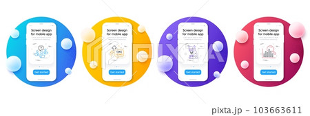 Minimal set of Fake news, Microscope and Teamwork question line icons for web development. Phone ui interface mockup with balls. Search icons. Wrong fact, Chemistry laboratory, Remote work. Vector 103663611